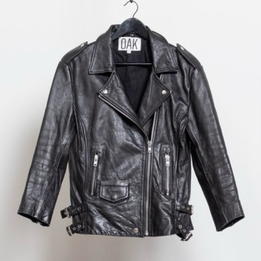 Oak Leather Cropped Moto Jacket in Black Silver Zipper Detailing Size XS - Picture 5 of 8